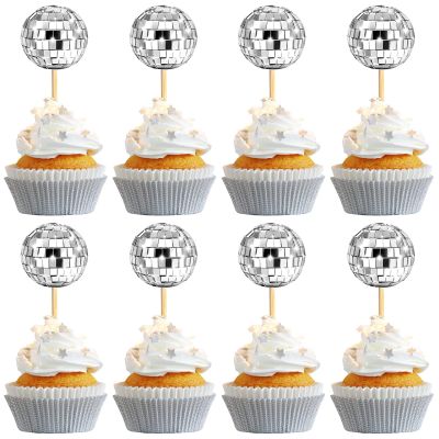 24 PCS Disco Ball Cupcake Toppers, Silver Disco Ball Cake Toppers, Mini Disco Ball Cupcake Decorations for 70s Disco Theme Birthday Party Wedding Anniversary Decorations