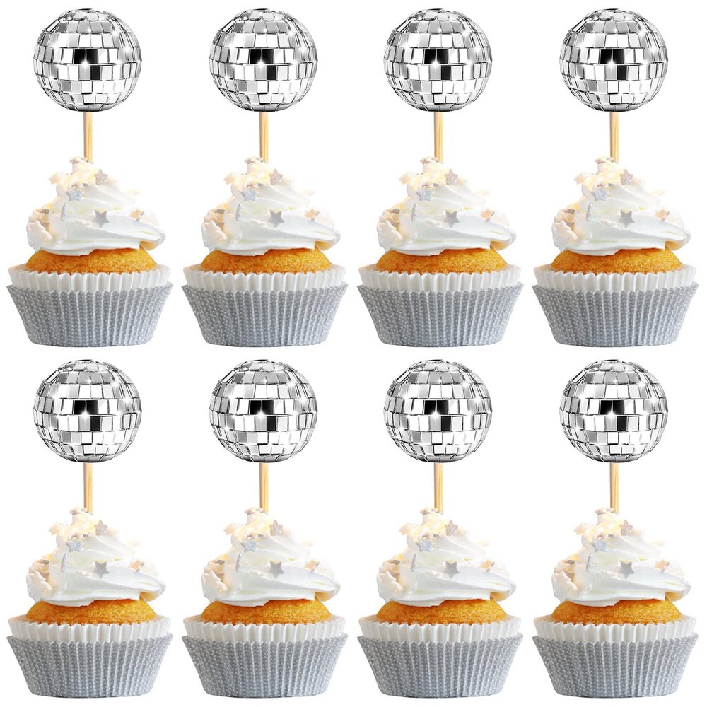 24 PCS Disco Ball Cupcake Toppers, Silver Disco Ball Cake Toppers, Mini Disco Ball Cupcake Decorations for 70s Disco Theme Birthday Party Wedding Anniversary Decorations