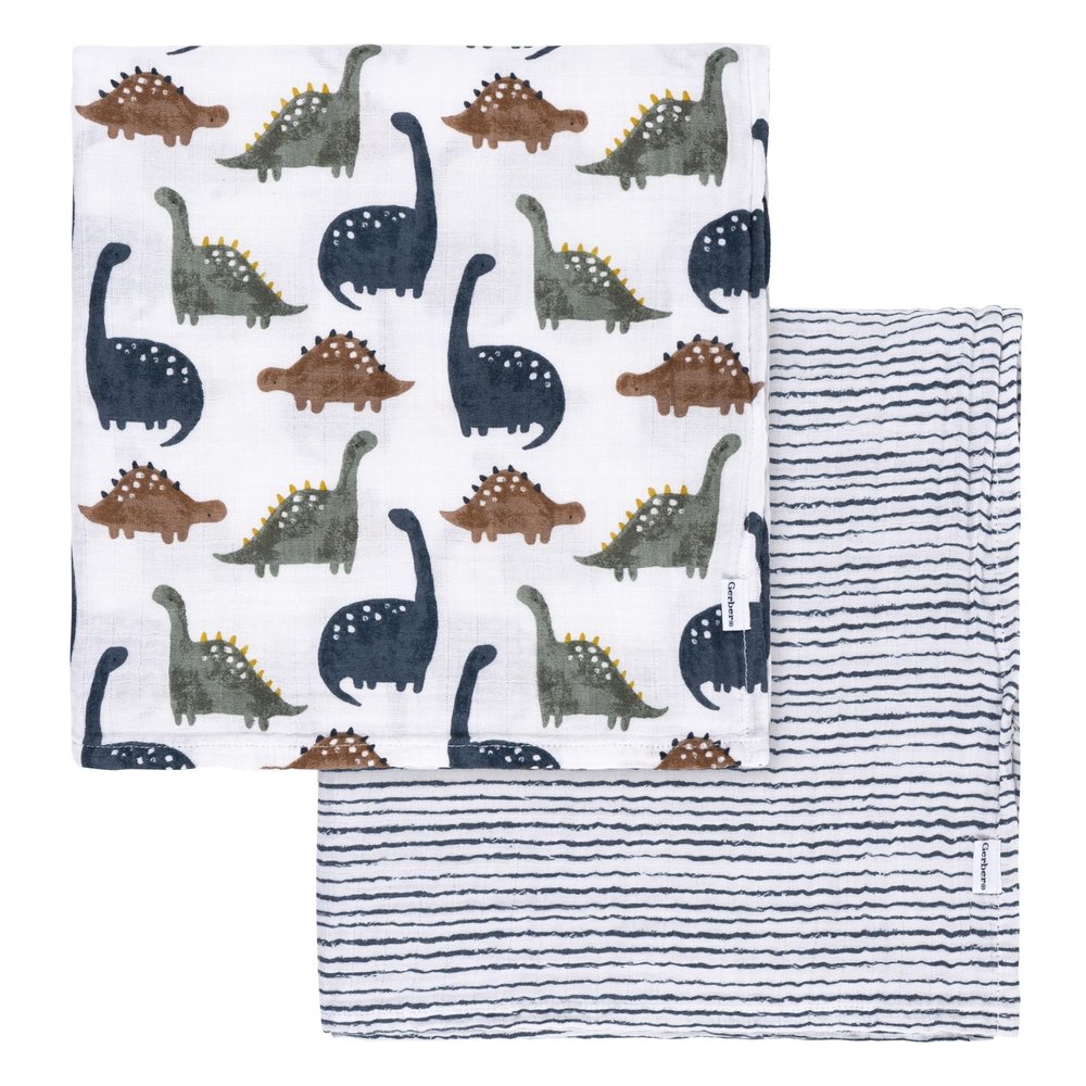 Gerber Baby Unisex 2-Pack Muslin Blanket, Dino Time, One Size