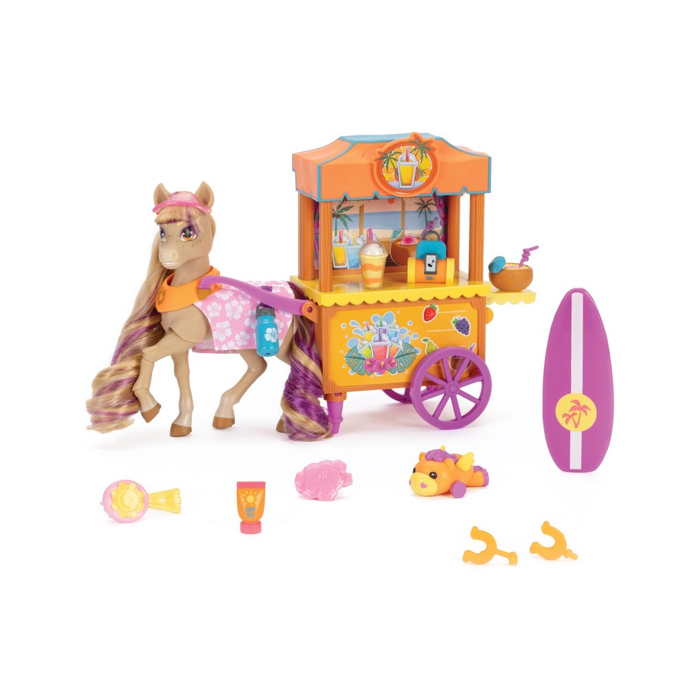 Wild Manes Horse Toys Baileys Surf & Snacks Playset with Boba Cart, Surfboard & Accessories Includes Brush, Visor & Pegasus Plush Ages 3+