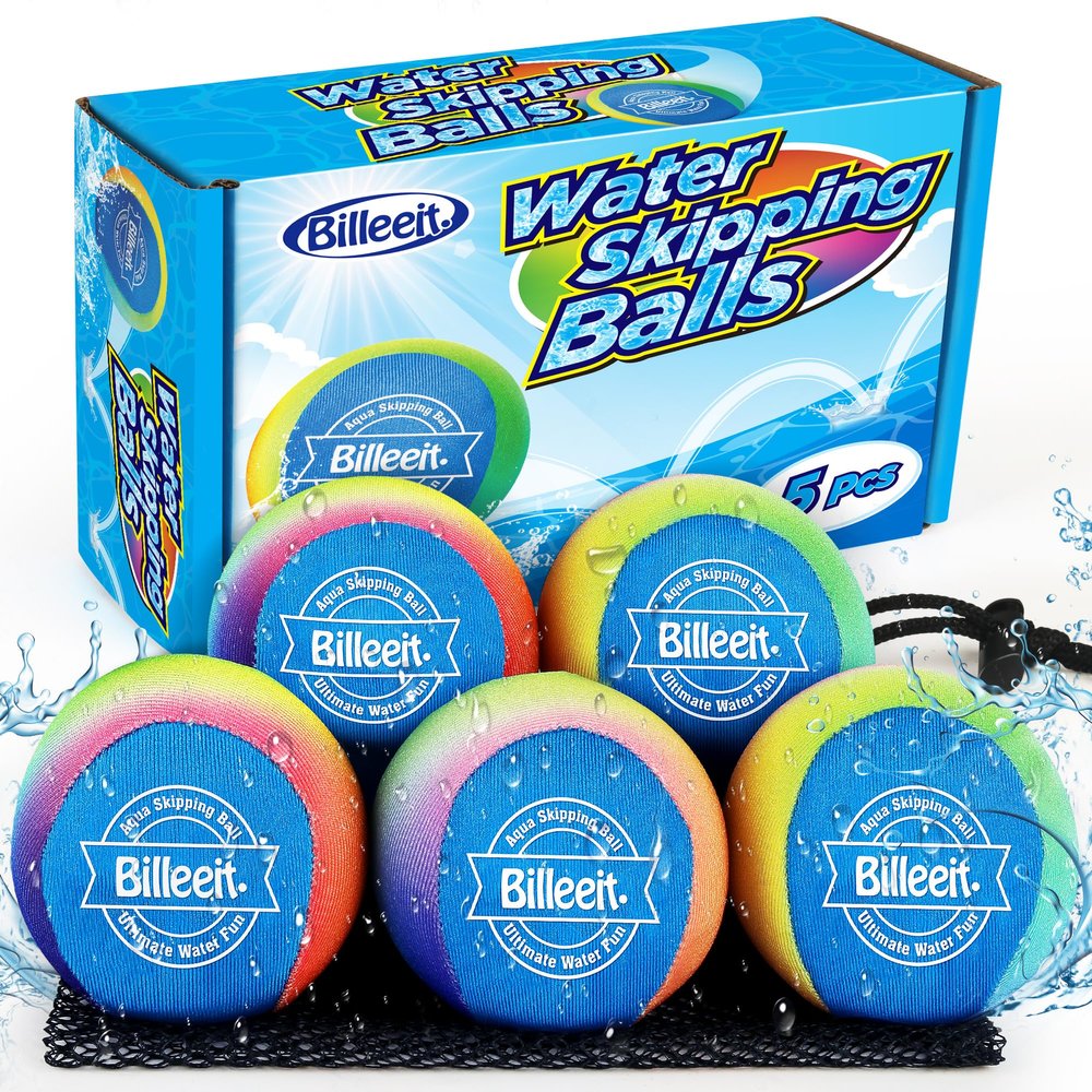Billeeit 5Pcs Water Skipping Balls for Pool Play, Rainbow Color Splash Water Bouncing Balls with Portable Mesh Bag, Fun Beach Toys & Games for Kids 3+ 4-8-12 and Adults