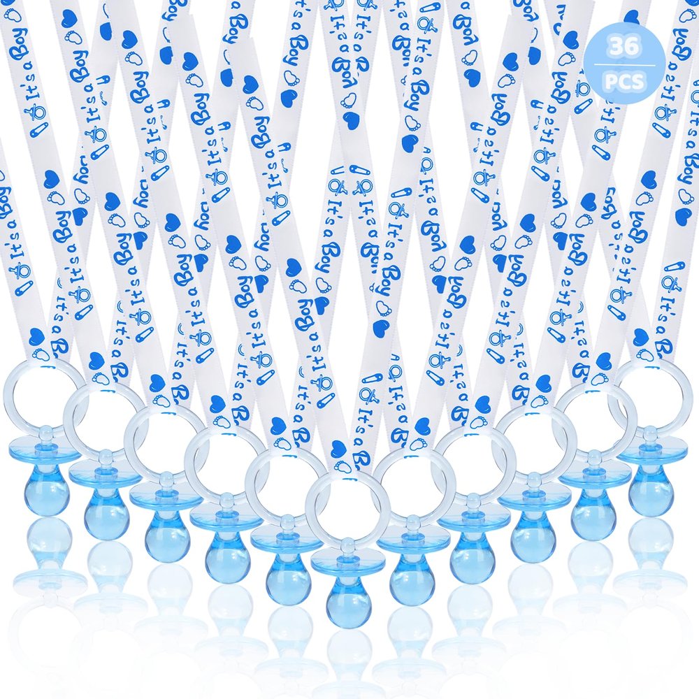 XINHUIDALSQ 36 Baby Shower Pacifiers Necklace, Cute Acrylic Pacifier Necklaces for Baby Shower Games Boy Charm, Party Favors, Decorations DIY, Gender Reveal Table Scatter(Blue)