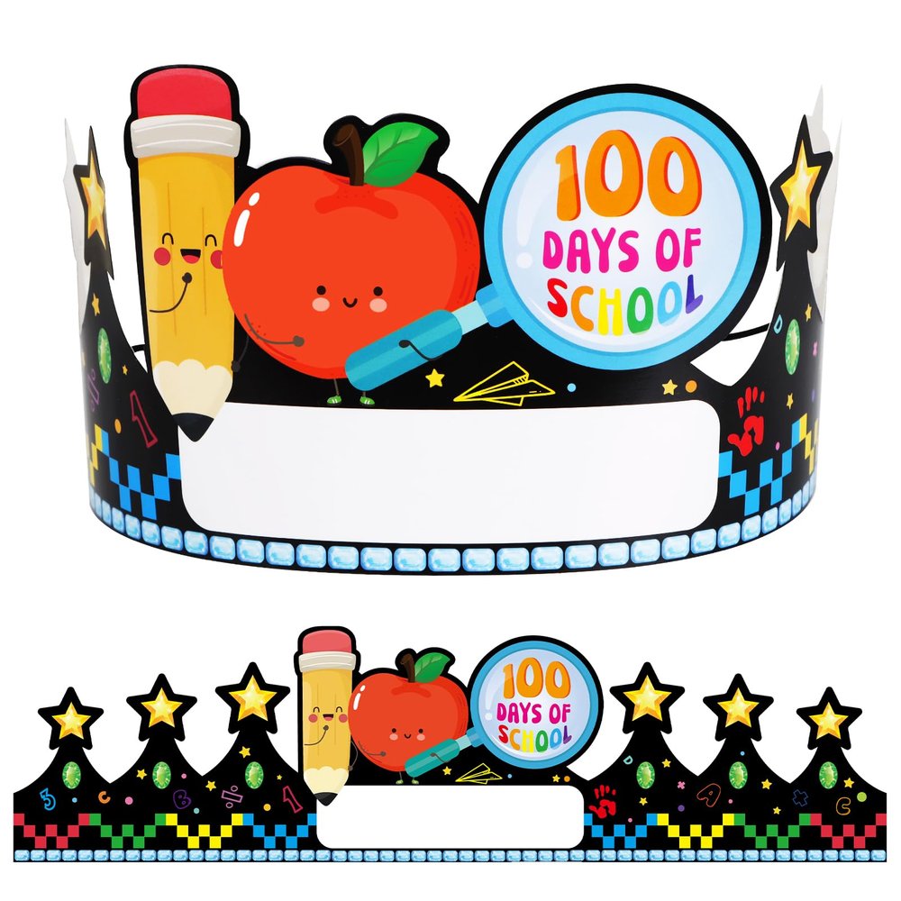WhatSign 100th Day School Paper Crowns for Kids - 24 Pcs, Decorations, Birthday Party Hats for Classroom Supplies
