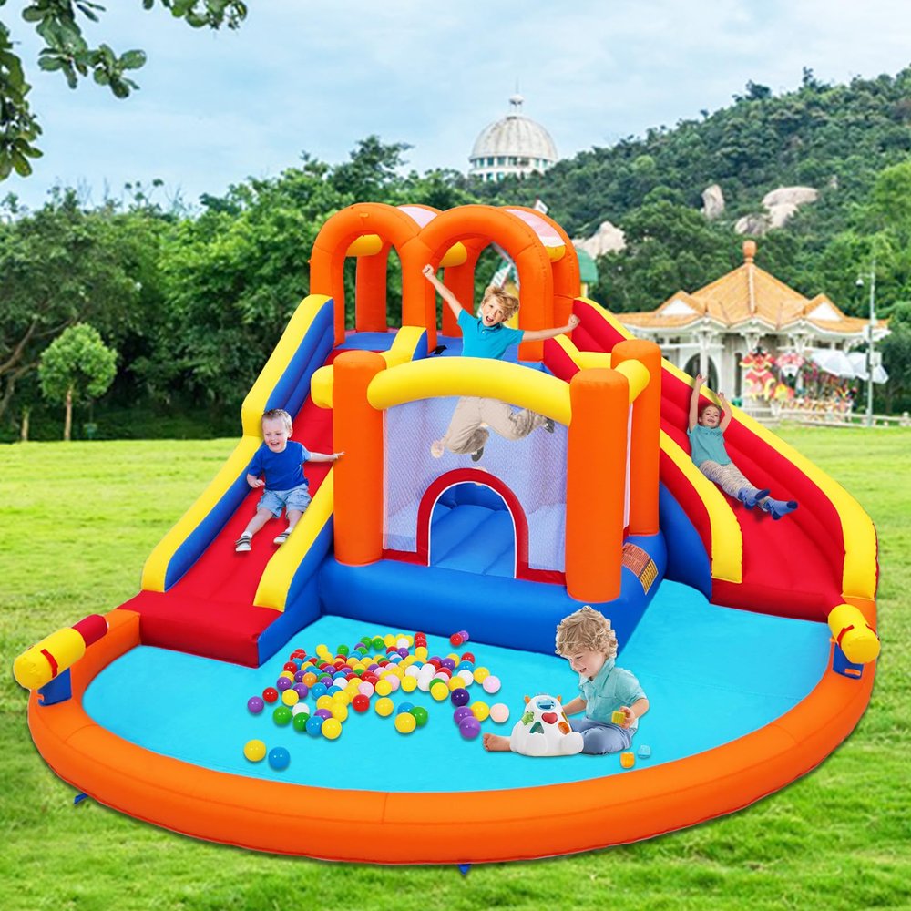 Umbalir 14.2x12.8FT Inflatable Water Park, Giant Slide Bounce House With 2 Long Slides, Thrilling Climbs, Trampoline and Big Splash Pool - 650W Air Blower Included