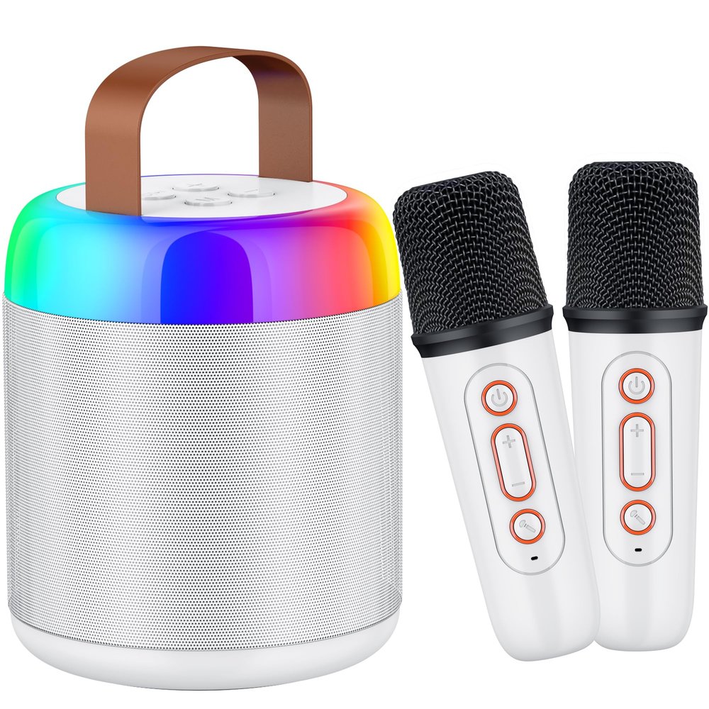 Justcool Karaoke Machine for Kids, Portable Bluetooth Speaker with 2 Wireless Microphones and LED Lights, Music Player Toys Gifts for Kids Ages 4, 5, 6, 7, 8, 9, 10+ Year Old Birthday Party (White)