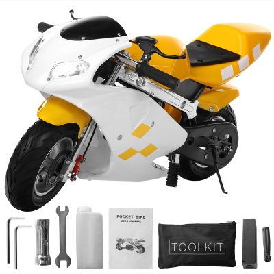 49cc 2-Stroke Pocket Bike,Mini Gas Motorbike,Off Road Trail Bike Dual Headlights Rubber Handlebar 1.25L Gas Tank Motorcycle Strong Power 170 lbs Mini Bike Motorcycle USA Warehouse (White & Yellow)