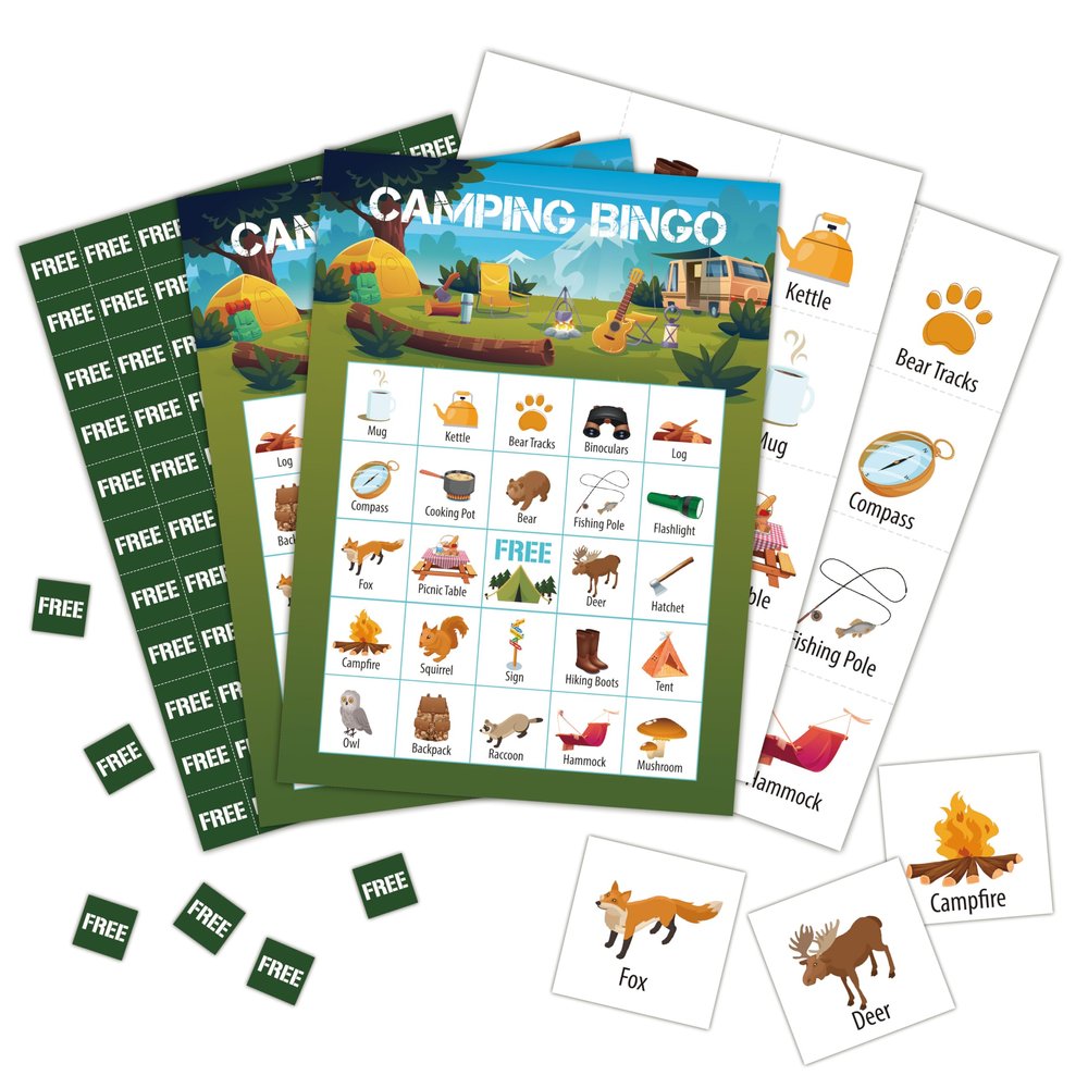 Foosproea Camping Bingo Cards, Camp Bingo Games for 24 Players, Camp Adventure Games for Family Friends Large Group Activities, Hike Field Trip Holiday Party Favors Supplies Decorations(24)