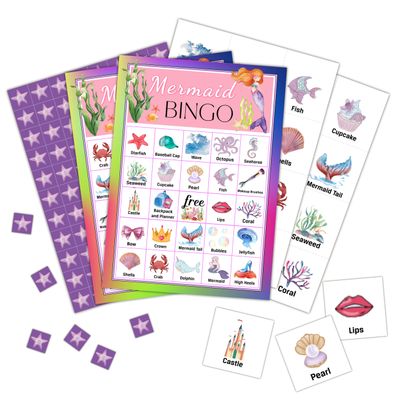 Foosproea Mermaid Bingo Cards, Mermaid Bingo Games for 24 Players, Under The Sea Party Games for Family Friends Large Group Activities, Birthday Party Favors Supplies Decorations(27)