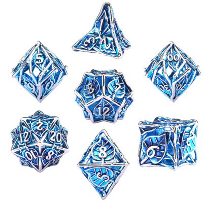 AUSTOR Metal DND Dice Set 7 Pieces Leaf DND Dice Hollow Polyhedral Dice D20 D12 D10 D% D8 D6 D4 Metal Dice with Metal Box for Dungeons & Dragons RPG Board Games (Blue & Silver)