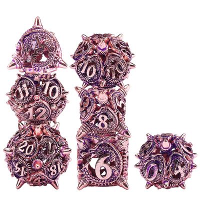 AUSTOR 7 Pieces DND Dice Set Metal Dragon Hollow Polyhedral Dice D20 D12 D10 D% D8 D6 D4 with Metal Box for Dungeons & Dragons RPG Board Games (Violet & Gold)