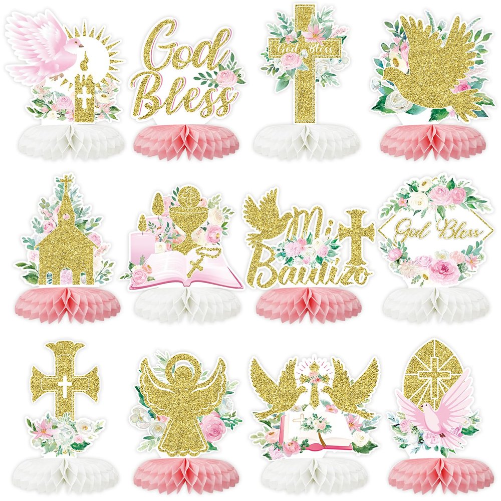12Pcs Baptism Honeycomb Centerpieces Party Decor,Pink God Bless Cross Religious Baptism Table Centerpieces for Baby Shower First Communion Birthday Party Decorations (pink god)