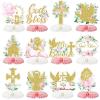 12Pcs Baptism Honeycomb Centerpieces Party Decor,Pink God Bless Cross Religious Baptism Table Centerpieces for Baby Shower First Communion Birthday Party Decorations (pink god) view 1