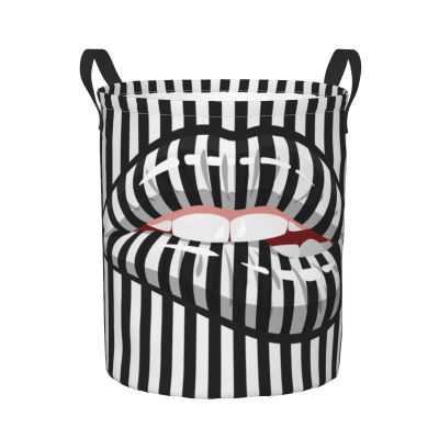 Foruidea Striped Lips Laundry Basket,Laundry Hamper,Collapsible Storage Bin, Oxford Fabric Clothes Baskets,Nursery Hamper For Home,Office,Dorm,Gift Basket