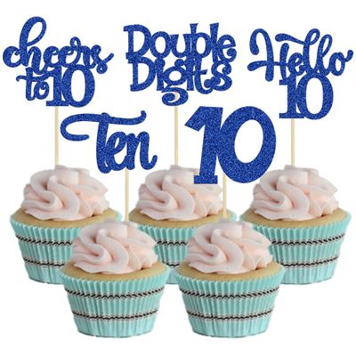 30Pcs 10th Birthday Cupcake Toppers Ten Double Hello 10 Cupcake Picks Cheers to 10 Years Old Cake Decorations for 10th Birthday Party Supplies Deep Blue Glitter