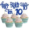 30Pcs 10th Birthday Cupcake Toppers Ten Double Hello 10 Cupcake Picks Cheers to 10 Years Old Cake Decorations for 10th Birthday Party Supplies Deep Blue Glitter view 1