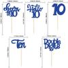 30Pcs 10th Birthday Cupcake Toppers Ten Double Hello 10 Cupcake Picks Cheers to 10 Years Old Cake Decorations for 10th Birthday Party Supplies Deep Blue Glitter view 2