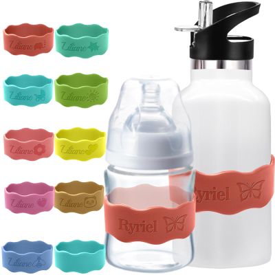 Custom Baby Bottle Labels for Daycare Personalized Silicone Water Bottle Name Tags Bands Customized Engraved Waterproof Reusable Bottle Grip Straps for Boys Girls Cups School