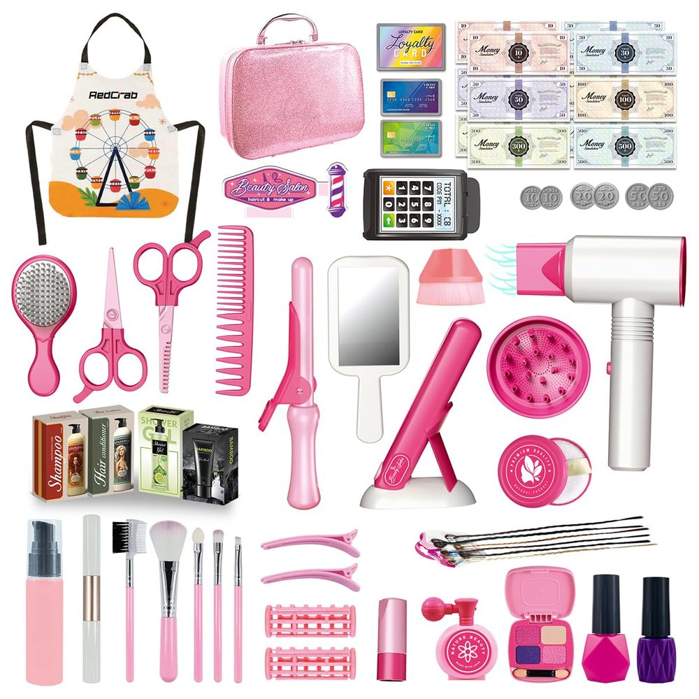 RedCrab Kids Beauty Salon Toy Set, Girls Salon Hair Stylist Pretend Makeup Kit Includes Kids Hair Dryer, Comb, Makeup Bag and Other Accessories, 3-8 Years Ideal Gift for Children