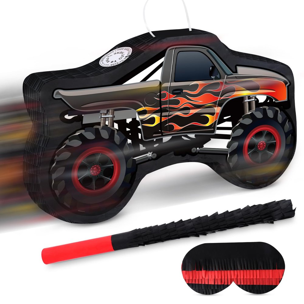 Hooqict Monster Truck Pinata Car Birthday Pinata with Blindfold and Bat Stick for Kids Boys Monster Truck Party Supplies Racing Car Construction Themed Party Decorations