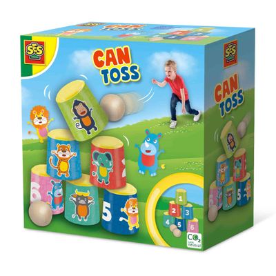 SES Creative 02311 - Can toss, Colourful cans with Wooden Balls, Agility Game for Children