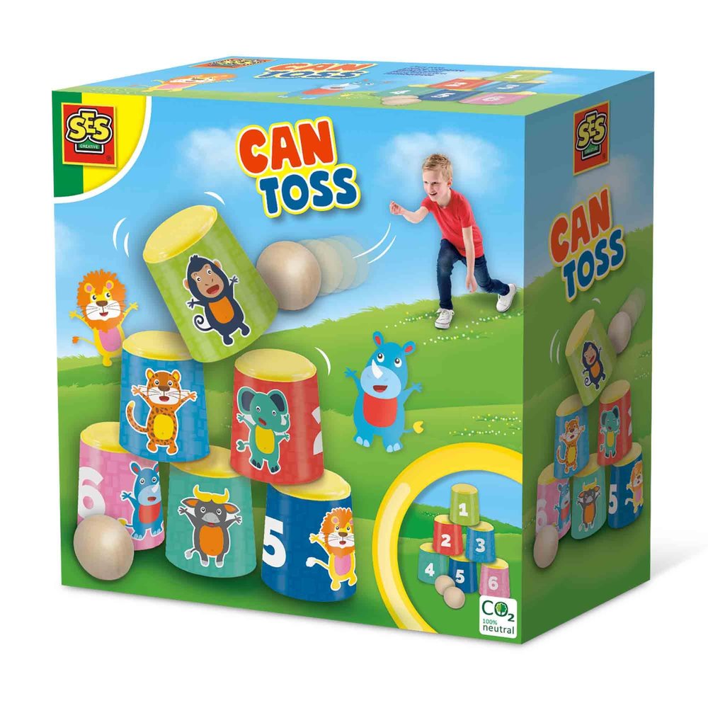 SES Creative 02311 - Can toss, Colourful cans with Wooden Balls, Agility Game for Children