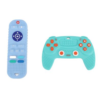 2 Pack Silicone Baby s TV Remote Control Shape Educational Chew Sensory Teethers for Babies 6 to 18 Months (Blue Cyan)