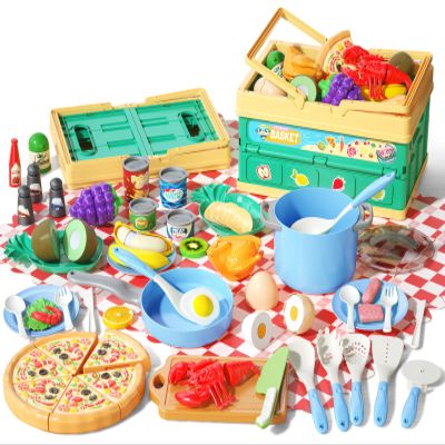 80Pcs Kitchen Playset, Toddler Pretend Cooking with Pots, Pans, Cookware, Food, Picnic Blanket, Fruits, Veges, Shopping Storage Basket, Dessert , Learning Gift for Girls Boys (Blue)