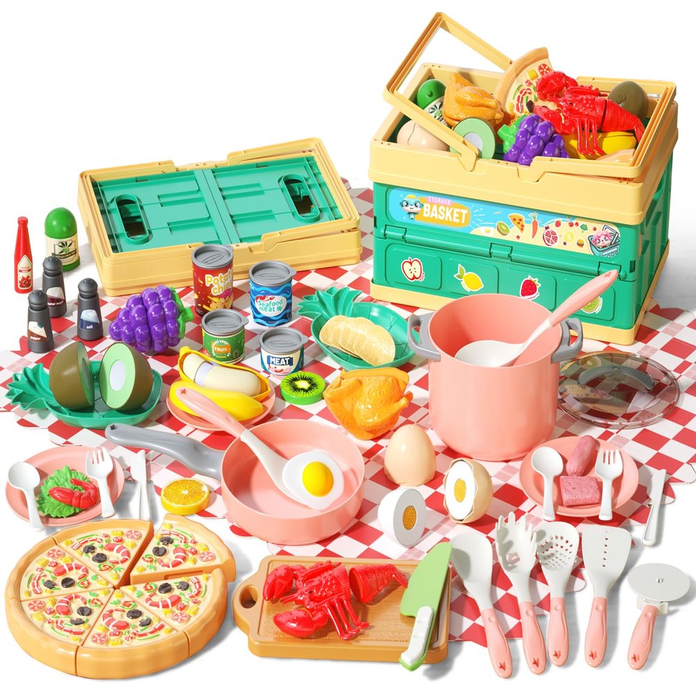 80pcs Pretend Play Kitchen Set for Toddlers, Kids Cookware Playset with Pots/Pans/Food/Fruits/Vegetables/Picnic Blanket/Storage Basket, Pink Educational Learning Toy Gift for Boys & Girls