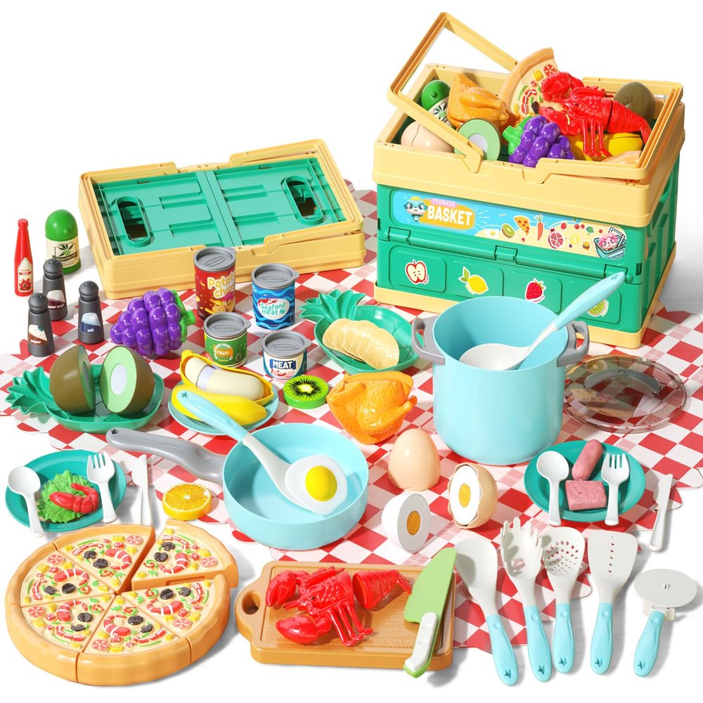 80Pcs Kitchen Playset, Toddler Pretend Cooking with Pots, Pans, Cookware, Food, Picnic Blanket, Fruits, Veges, Shopping Storage Basket, Dessert , Learning Gift for Girls Boys (Turquoise)