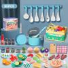 80Pcs Kitchen Playset, Toddler Pretend Cooking with Pots, Pans, Cookware, Food, Picnic Blanket, Fruits, Veges, Shopping Storage Basket, Dessert , Learning Gift for Girls Boys (Turquoise) view 2