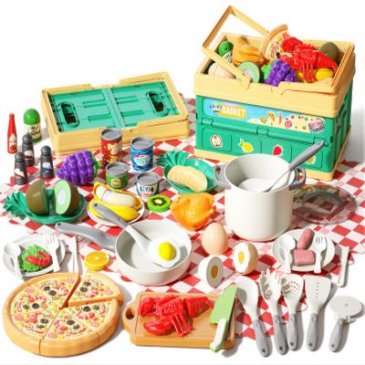 80Pcs Kitchen Playset, Toddler Pretend Cooking with Pots, Pans, Cookware, Food, Picnic Blanket, Fruits, Veges, Shopping Storage Basket, Dessert , Learning Gift for Girls Boys (White)
