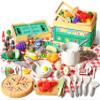 80Pcs Kitchen Playset, Toddler Pretend Cooking with Pots, Pans, Cookware, Food, Picnic Blanket, Fruits, Veges, Shopping Storage Basket, Dessert , Learning Gift for Girls Boys (White) view 1