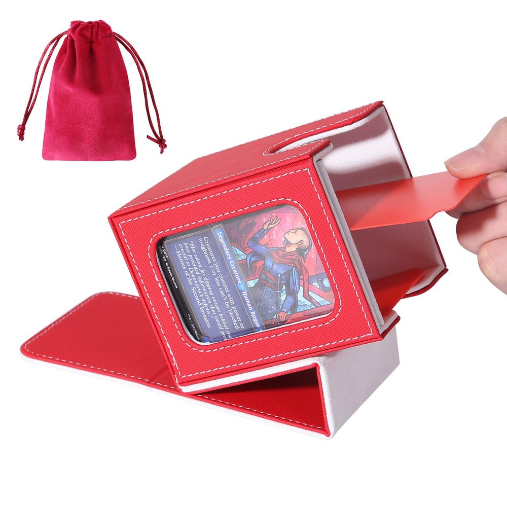 AFIING MTG Deck Box for Commander Display,Card Deck Box Fits 60+ Double Sleeved Cards or 100+single sleeved cards, Magic Commander TCG Card Storage Box with 2 Dividers,Dice Bag(Red/White)