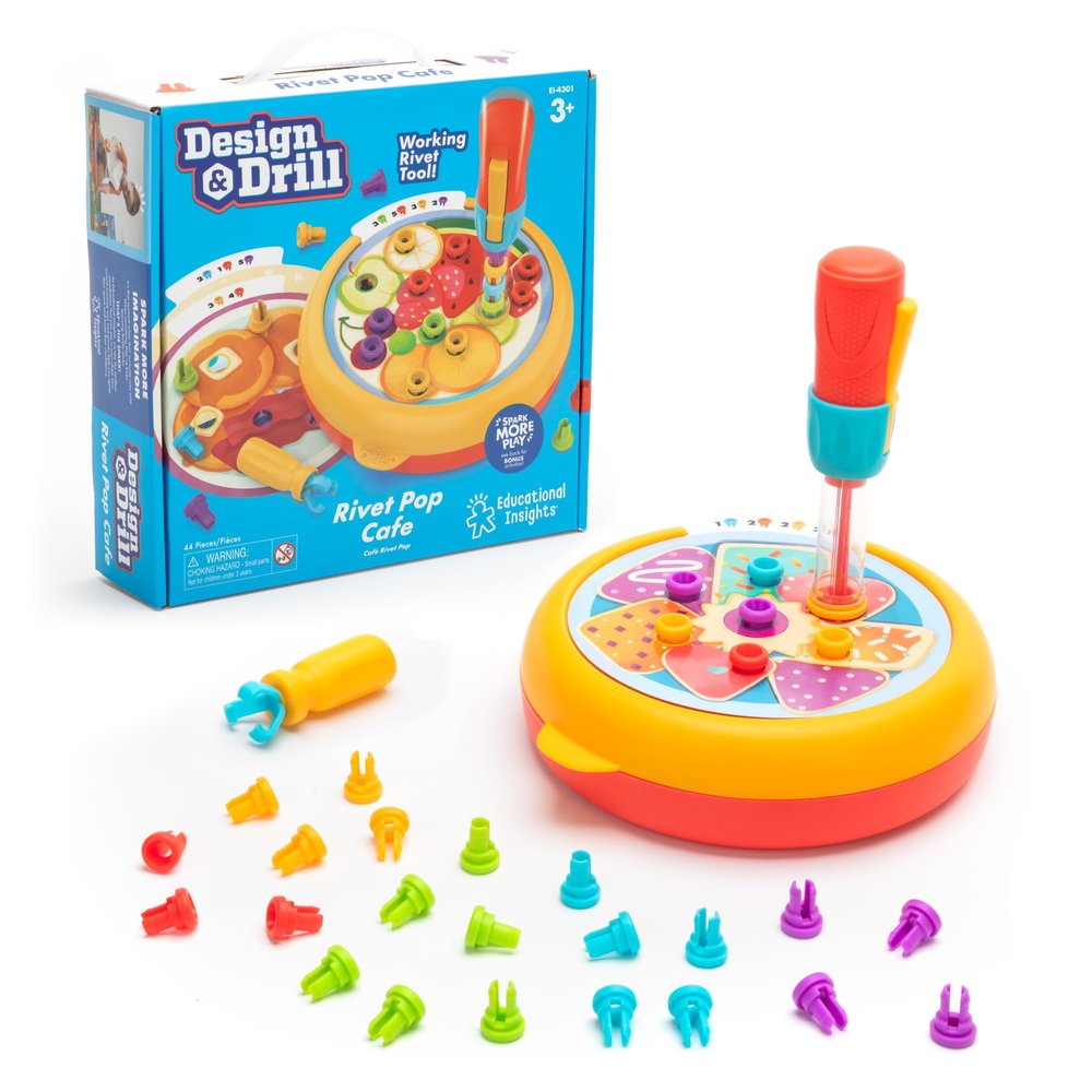 Educational Insights Design & Drill Rivet Pop Cafe - Toddler STEM Toys, Occupational Therapy Games and Construction Toy Tools, Color Matching Activities for Kids, Fine Motor Toys for Toddlers 3-4