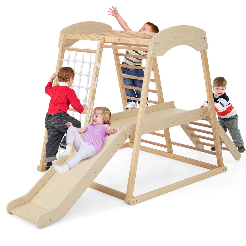 Costzon Indoor Playground, 6-in-1 Montessori Jungle Gym with Beech Wood Climbing Toys for Toddlers with Slide, Climbing Net, Monkey Bars, Wooden Playground Climber Playset for Kids Gifts (Natural)