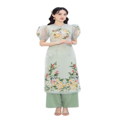 A6 Green Flowers Ao dai Vietnam Vietnamese Traditional Ao Dai For Women, Ao Dai For Women, Vietnamese Dress For Women, Ao Dai Dress For Women ao dai Tet Lunar New Year (M)