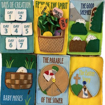 Bible Quiet Book for Children, Interactive Educational Learning Toy, Baptism-Birthday-Easter Gift, 5x7 Inch Blue Acrylic Felt Book