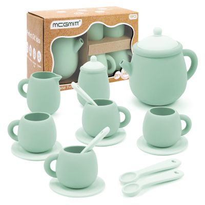 MCGMITT Silicone Tea Set, Tea Party Set for Little Girls Boys, 15 Pcs BPA Free Dishwasher Safe Pretend Tea Set for Toddlers Kids Age 3-6, Cute Toy Kitchen Accessories for Children Birthday Gifts