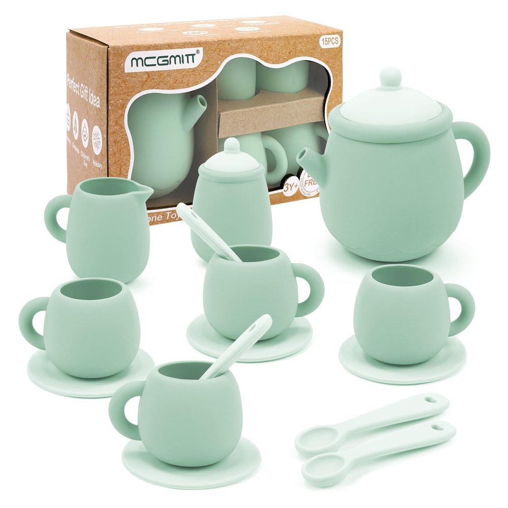 MCGMITT Silicone Tea Set, Tea Party Set for Little Girls Boys, 15 Pcs BPA Free Dishwasher Safe Pretend Tea Set for Toddlers Kids Age 3-6, Cute Toy Kitchen Accessories for Children Birthday Gifts