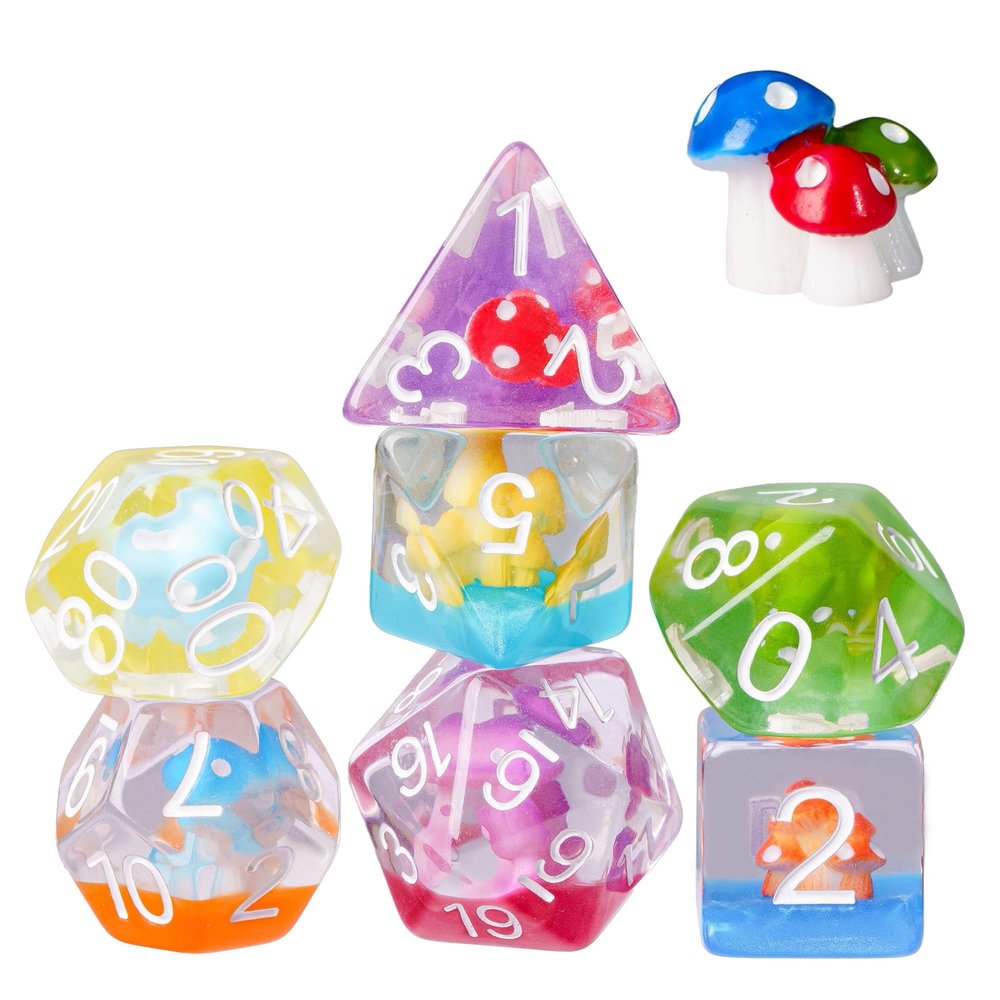 UDIXI 7-Die Mushroom D&D Dice Set, Resin DND Dice Set RPG Polyhedral for Role Playing Games and Other Tabletop Games (Colorful)