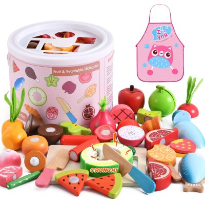 WHOHOLL 45 Pcs Wooden Play Food Toys for Kids Kitchen Playset, Play Kitchen Accessories with Apron, Pretend Cutting Food Montessori Toys Christmas Birthday Gifts for 3+ Year Old Girls Boys