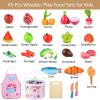 WHOHOLL 45 Pcs Wooden Play Food Toys for Kids Kitchen Playset, Play Kitchen Accessories with Apron, Pretend Cutting Food Montessori Toys Christmas Birthday Gifts for 3+ Year Old Girls Boys view 2