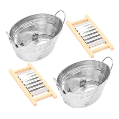 BESPORTBLE 2 Sets Dollhouse Wash Tub with Washboard Miniature Laundry Basin Mini Tinplate Washing Set 1: 12 Scale Washboard Wash Tub for Dollhouse Furniture