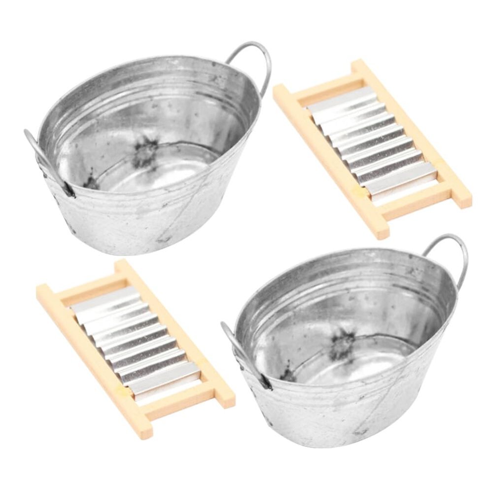 BESPORTBLE 2 Sets Dollhouse Wash Tub with Washboard Miniature Laundry Basin Mini Tinplate Washing Set 1: 12 Scale Washboard Wash Tub for Dollhouse Furniture