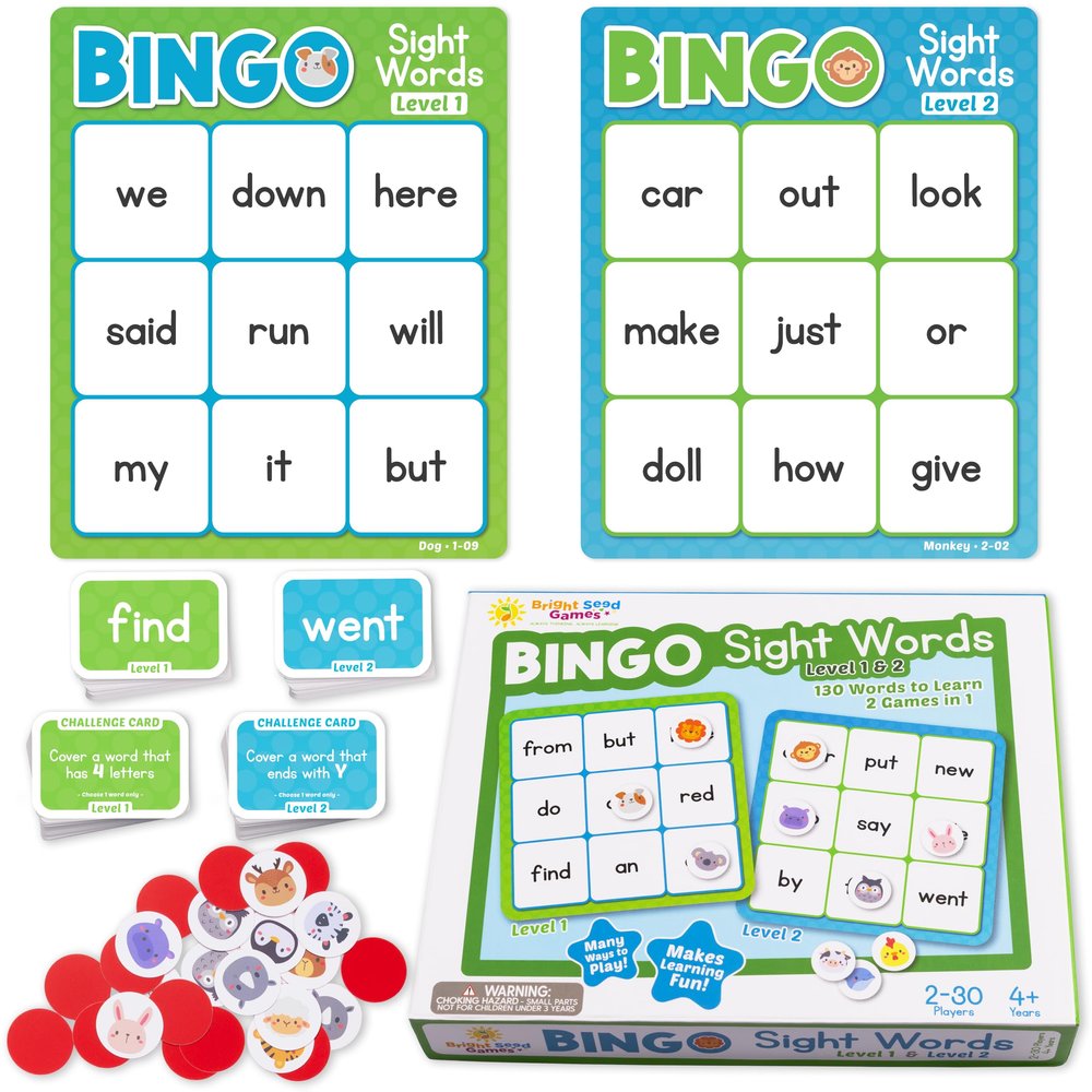 Bright Seed Sight Words Bingo Game for Kindergarten, Learn to Read Sight Word Cards, Word Games for Kids Ages 4-8, Bingo Sight Words Level 1&2, Laminated for Easy Clean