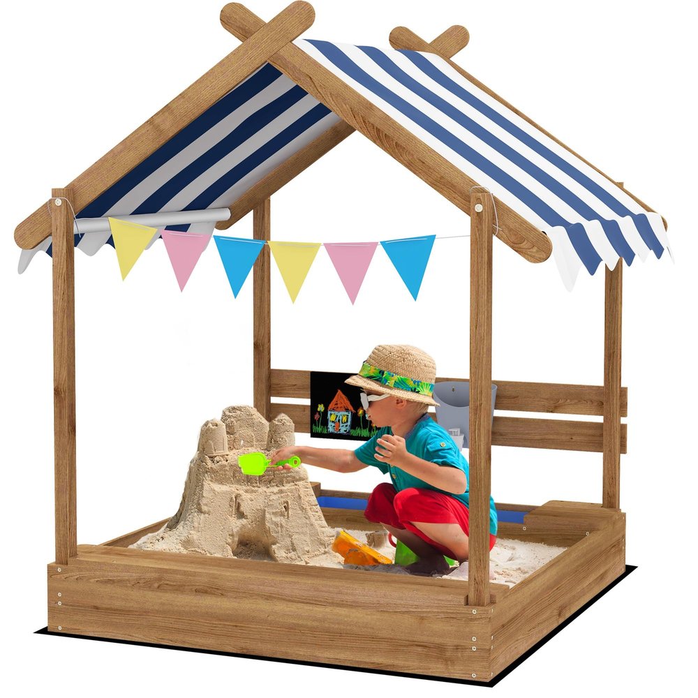 Outsunny Wooden Sandbox with Canopy, Kids Sand Pit with Liner, Blackboard, Sink, Playset, Flags, House Design, Outdoor Sandbox for 3-7 Years Old, 49" x 46" x 57.5", Brown