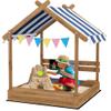 Outsunny Wooden Sandbox with Canopy, Kids Sand Pit with Liner, Blackboard, Sink, Playset, Flags, House Design, Outdoor Sandbox for 3-7 Years Old, 49" x 46" x 57.5", Brown view 1