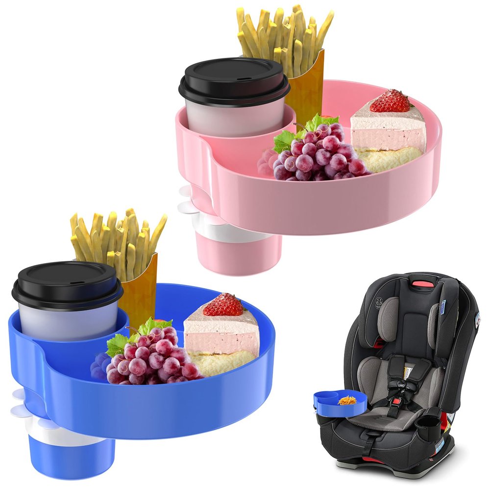 SSPONT [2 Packs] Kids Car Seat Tray, Travel Tray with Cup Holder for Toddler, Kids Car Seat Food Snack Organizer for Road Trip, Stroller snack tray travel must haves - Blue+Pink