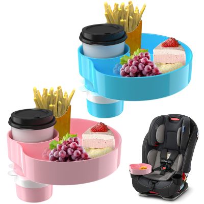 [2 Packs Blue & Pink] Kids Car Seat Tray, Travel Tray with Cup Holder for Toddler Baby, Kids Car Seat Food Snack Organizer for Road Trip, Stroller snack Organizer Travel Must Haves Toddler Must Haves