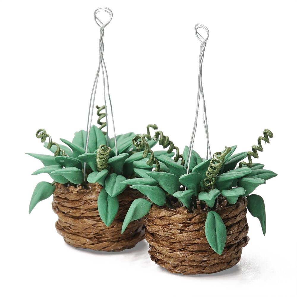 Odoria 1/12 Miniature Hanging Plants Mini Tiny Potted Plant Miniatures Dollhouse Decoration Accessories Doll House Accessory, 2Pcs Dark Green